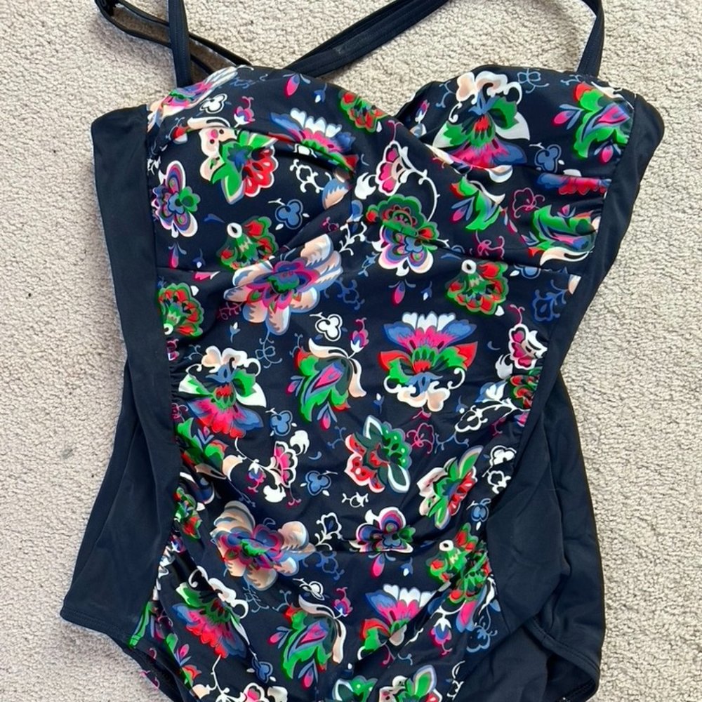 Boden Black Floral One-Piece Swimsuit with Multicolor Print